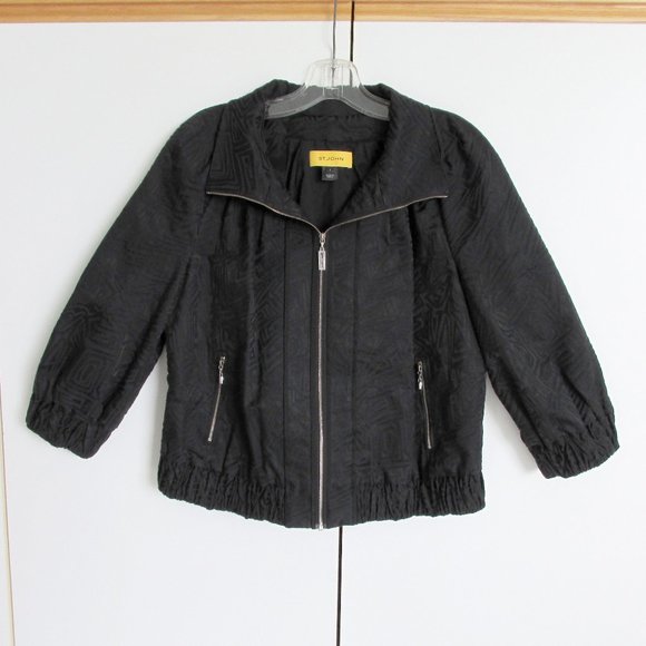 St. John Yellow Label Black Jacquard Bomber Jacket - Picture 1 of 12